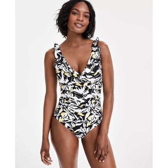 Dkny Other - DKNY Women's Ruffle Neck One-Piece Swimsuit Fluorescent Yellow Black & White M